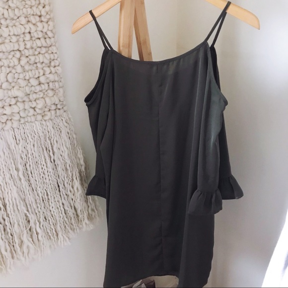 Off Shoulder Silky Ruffle Sleeve Dress in Olive - Picture 3 of 3
